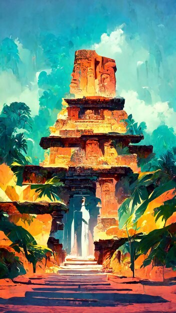 Temple statue ancient ruins in forest 3D illustration