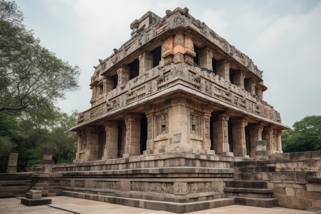 Temple of the sun with soaring columns and intricate carvings in a bustling city