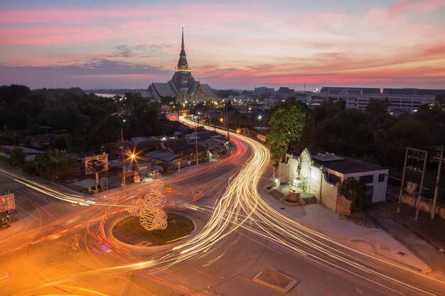 Temple twilight and the street lights in the evening.