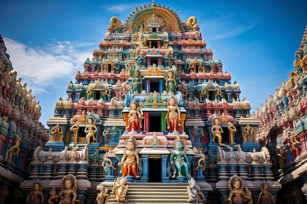 a temple with a blue sky and clouds in the background