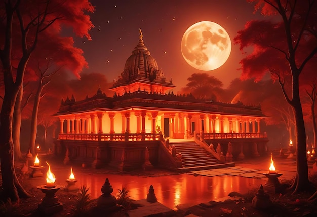 a temple with a full moon in the background