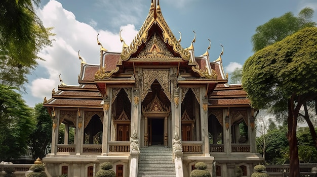 A temple with a golden roof and a blue sky