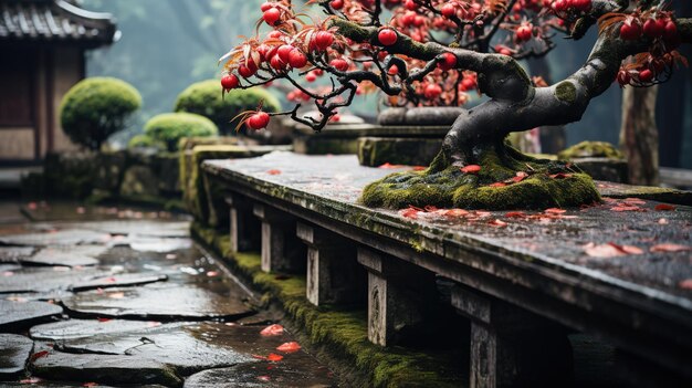 Photo a temple with a moss covered roof and a tree with red berries on it.