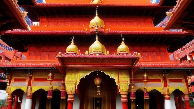 A temple with a red roof and gold colored walls.