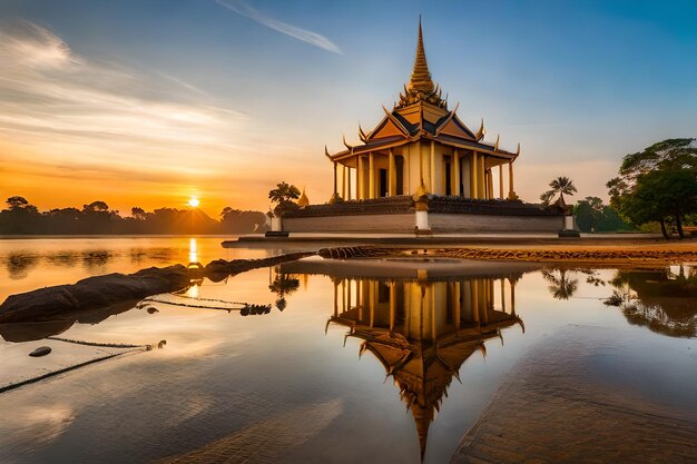 a temple with a reflection of a sunset in the water