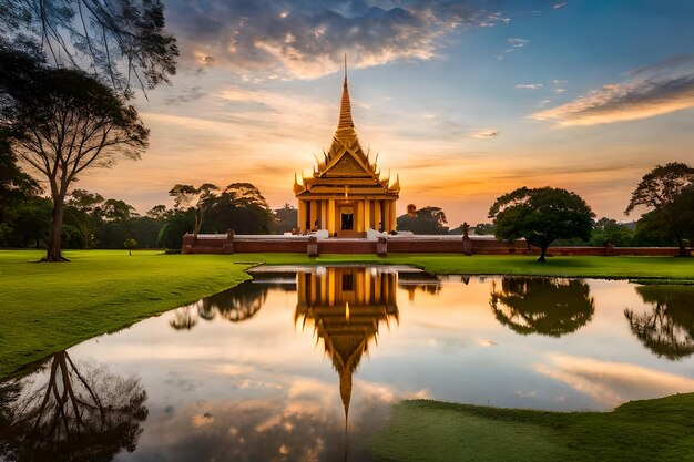 a temple with a reflection of the sunset in the water.