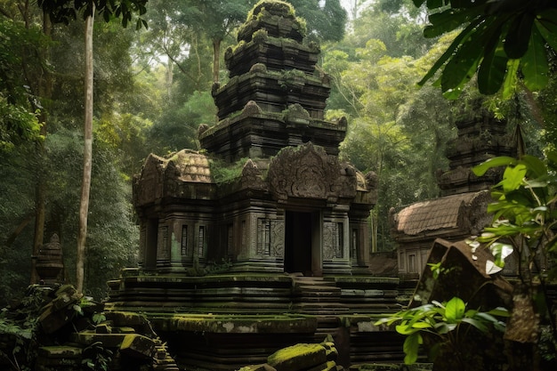 Temple with towering pillars and intricate carvings in a lush green forest