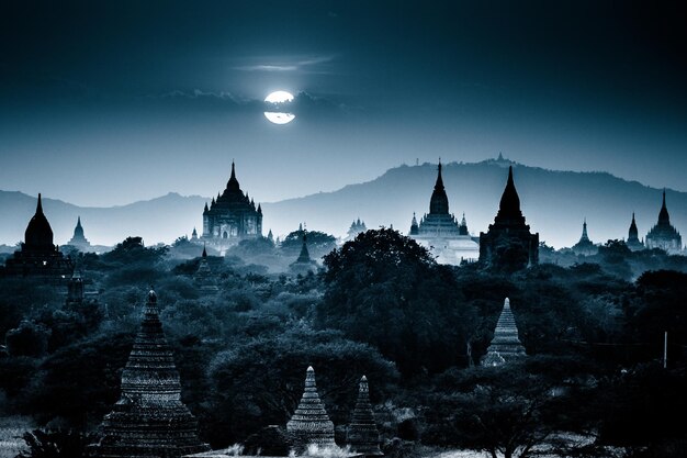 Temples of Bagan an ancient city located in the Mandalay Region of Burma Myanmar Asia Blue toned black and white shot