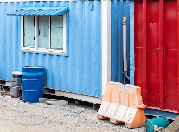 The temporary container box for use to the office room in the construction site near the sky bridge project in the city front view for the copy space