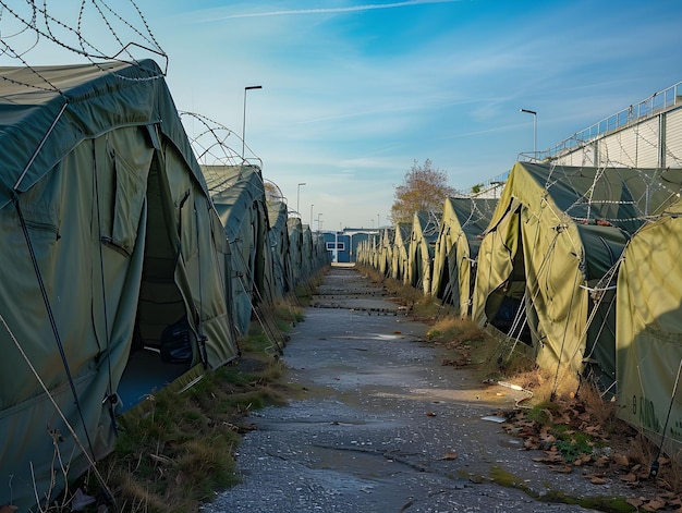 Photo temporary military tents lined up on a gravel path under a clear blue sky during daylight hours