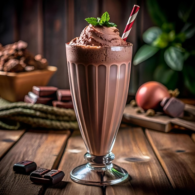 Photo a tempting 3d illustration of a chocolate milkshake with a red and white striped straw and whipped cream topped with a mint leaf