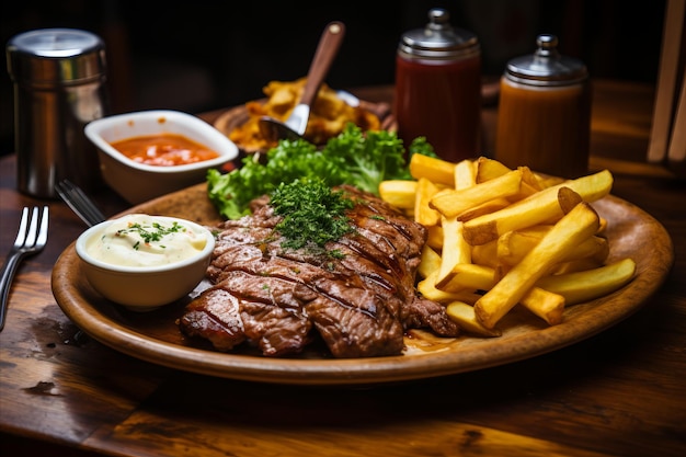 Tempting american steak served with crispy chips and flavorful gravy ideal for steakhouse lovers