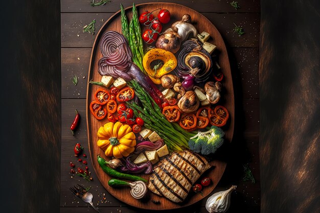 Tempting assorted grilled vegetables were artfully laid out on a wooden oval plate