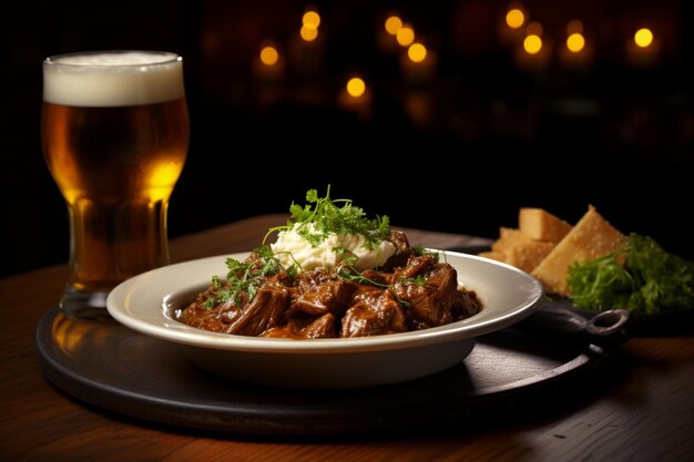 Photo tempting belgian dish with beer and beef delicious carbonnade flamande food photography