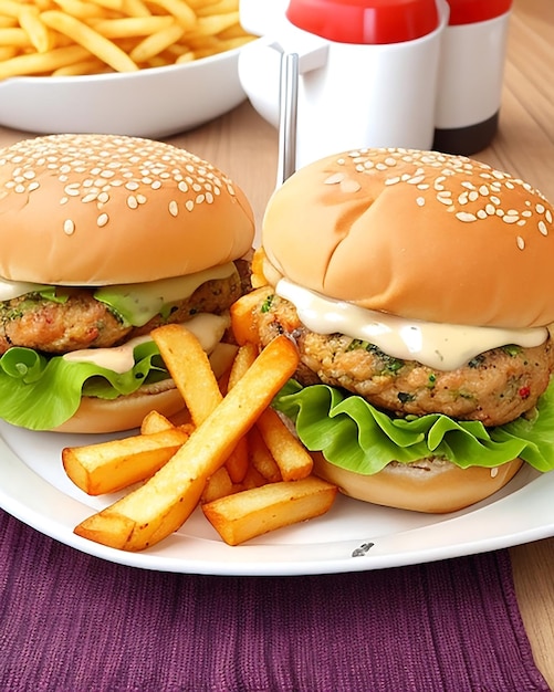 A tempting burger and French fries on a plate