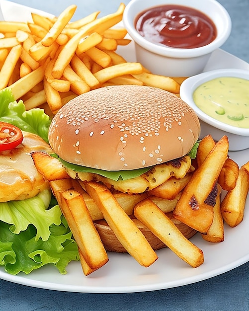 A tempting burger and French fries on a plate