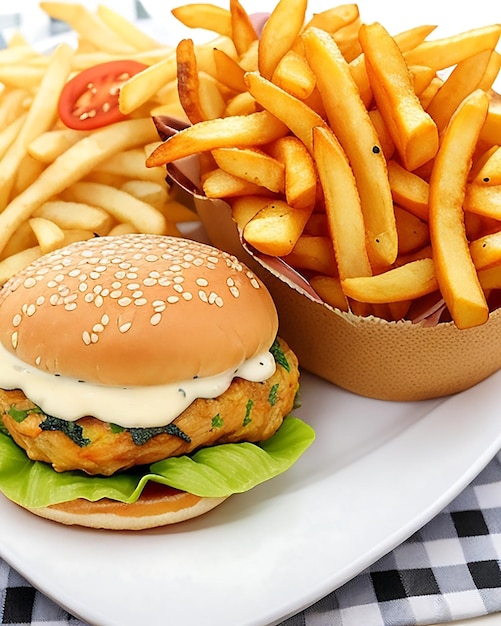 A tempting burger and French fries on a plate