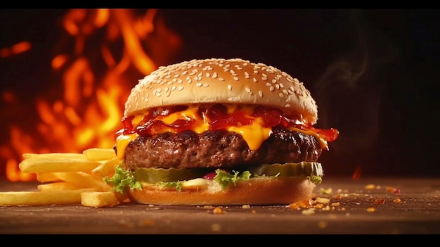 Tempting Burger with French Fries and a Flame for added Visual Appeal