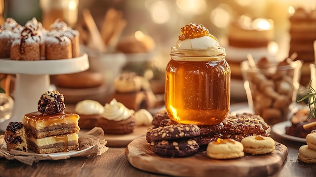 Photo tempting dessert spread with ice cream and drizzled honey