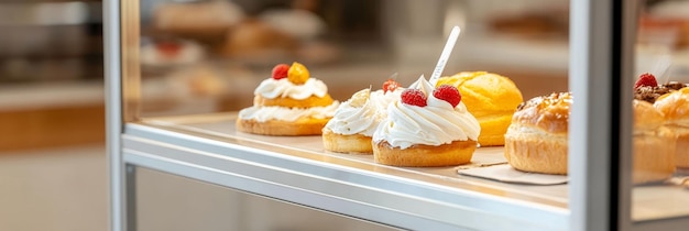 A tempting display case showcases a variety of freshly baked pastries including cream puffs d