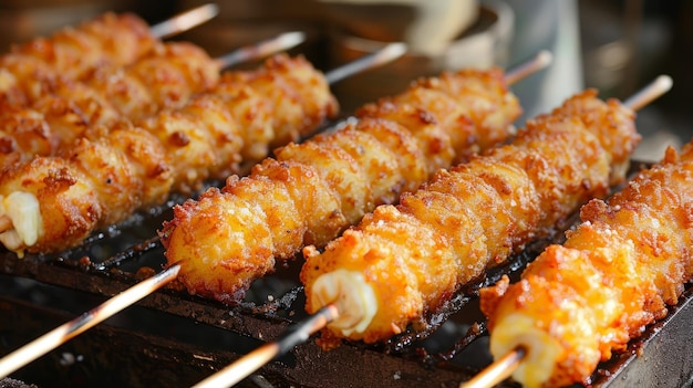 Tempting golden brown corn dogs sizzling in the deep fryer ready to enjoy as a delightful treat