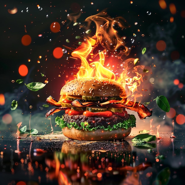 a tempting hamburger with a flame on it Background