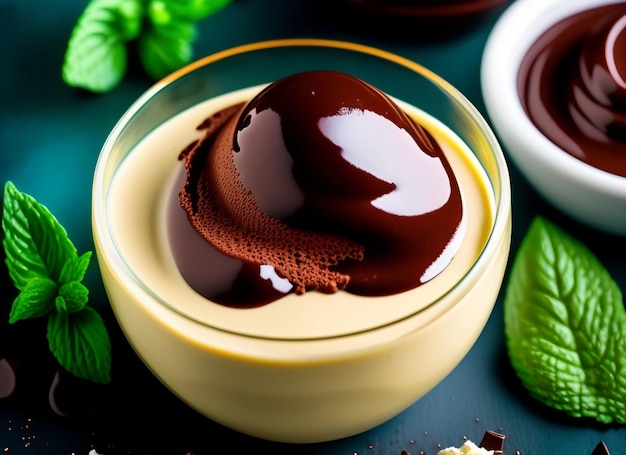 Tempting Ice Cream Delight with Luscious Chocolate Sauce and Fresh Mint Leaves Ai Generated Art Work