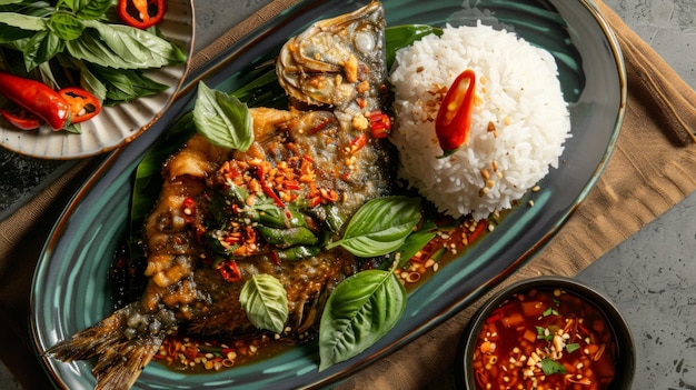 A tempting platter of Pla Rad Prik Thai crispy fish topped with a spicy chili sauce and crispy basil leaves served with steamed jasmine rice