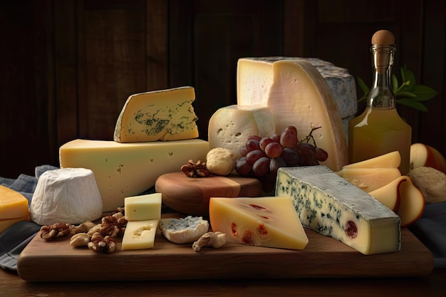 A Tempting Selection of Cheeses Arranged on a Rustic Cheese Board for a Gourmet Experience