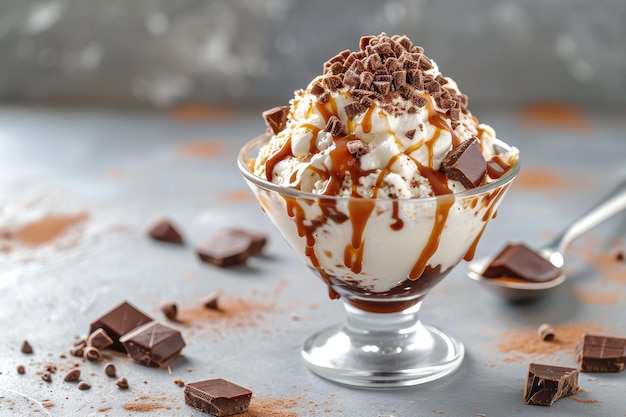 A tempting vanilla ice cream sundae topped with rich chocolate pieces drizzled caramel and chocolate shavings