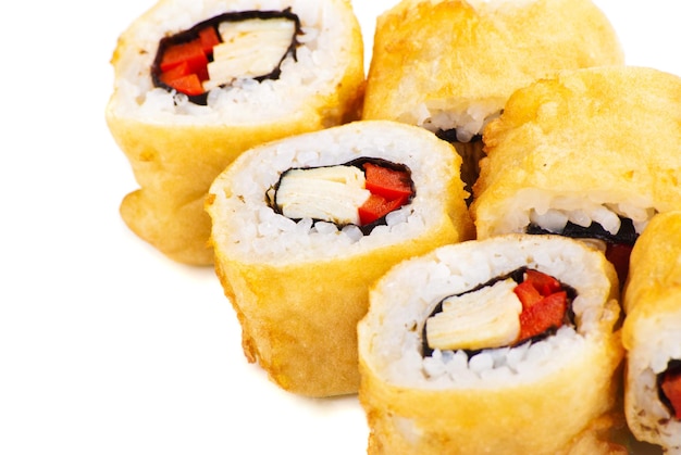 Tempura Maki Sushi  Deep Fried Roll made of Paprika and Cream Cheese inside over white