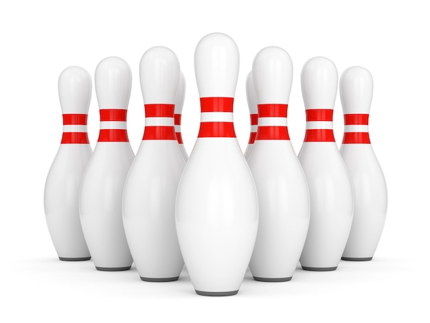 Ten bowling pins with red stripes isolated on white background. 3D illustration