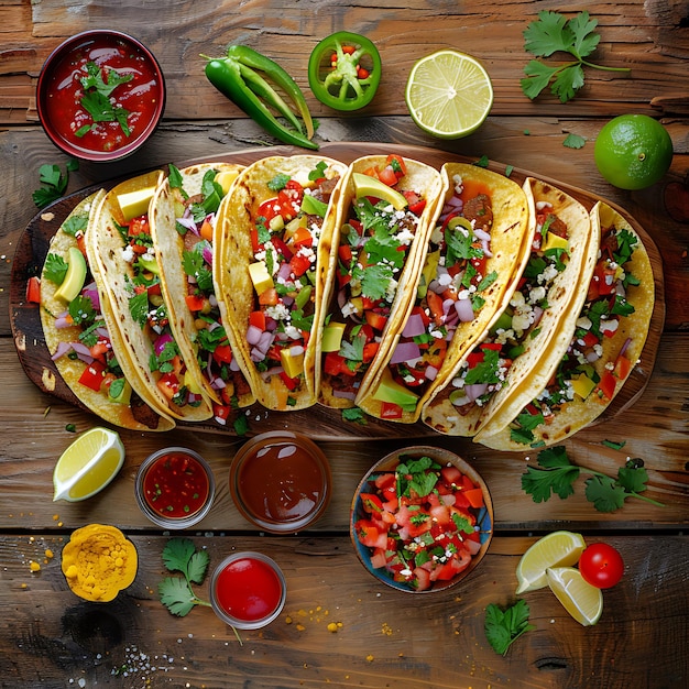 Ten Delicious Tacos with Vibrant Fresh Ingredients on Wooden Table