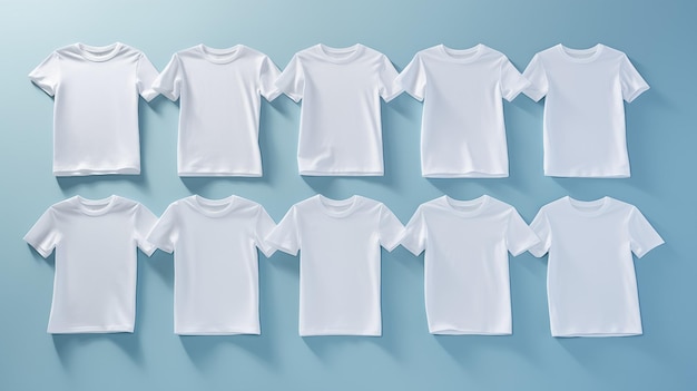 Ten plain white tshirts template displayed against light blue background ai generated