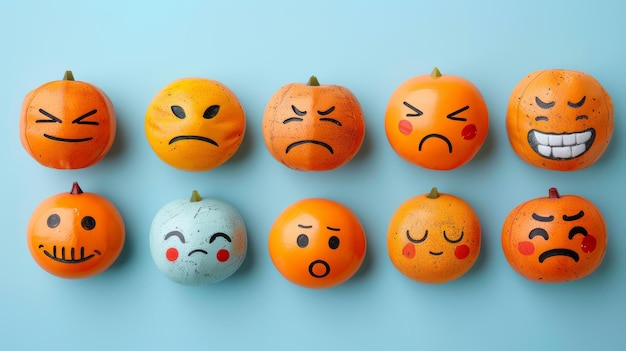 Photo ten pumpkins painted with different facial expressions on a blue background