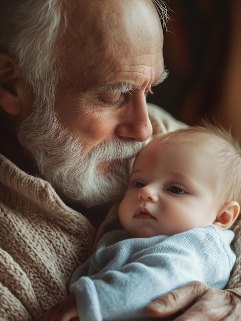 Photo tender affection an old man and a baby