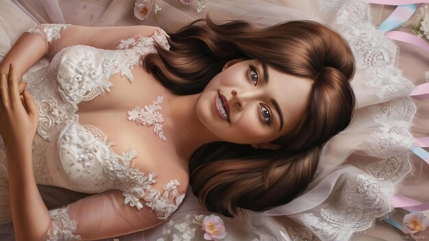 Tender brunette caucasian bride is laying on the fabric of a luxury wedding dress