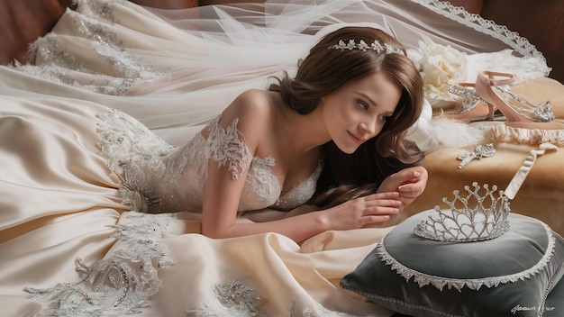 Tender brunette caucasian bride is laying on the fabric of a luxury wedding dress