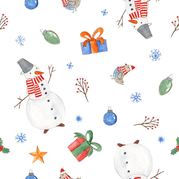 Tender Christmas seamless pattern with cute watercolor snowmen giftbox birds and snowflakes