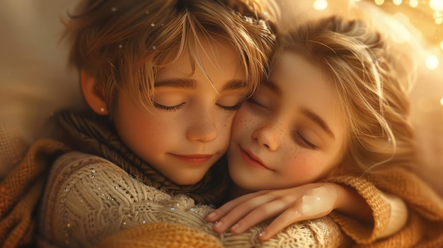 Photo tender embrace of brother and sister warm golden light knitted sweaters close up portrait