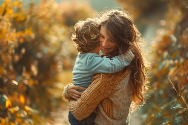 Tender Embrace between Mother and Child in Warm Autumn Scenery Moments of Love and Care in Nature