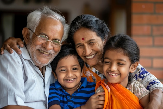 Tender family embrace with indian grandparents