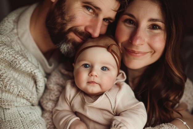 Tender family portrait with parents holding their baby indoors warm tones creating a cozy atmosphere