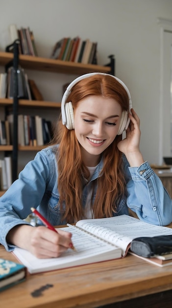 Tender and feminine cute redhead female student wearing headphones study lisening classical music s