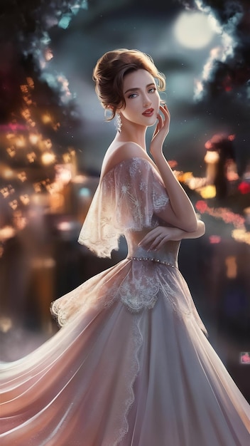 Tender feminine woman in evening dress touching face