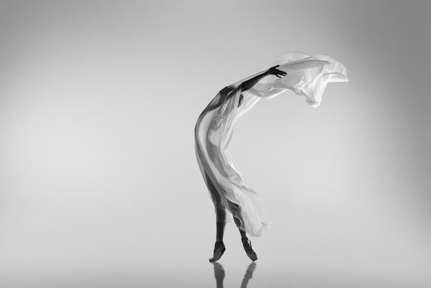 Tender flexible woman ballerina dancing with transparent veil Black and white image Modern style