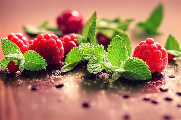 Tender freshly frozen berries with bright green leaves