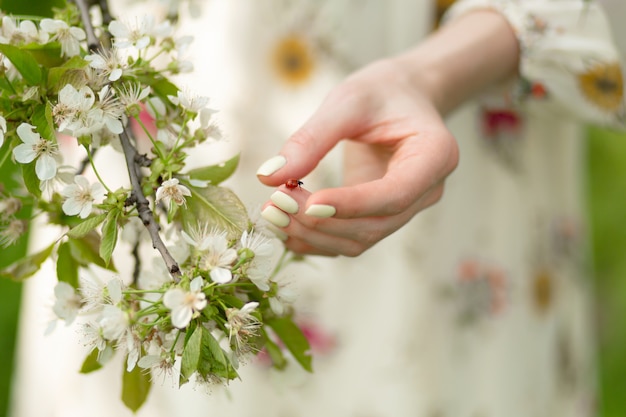 tender girl walks in a flowering garden. Nature beauty