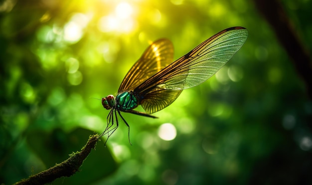 Tender green dragon fly sitting on the tree branch Beautiful insect in the ray of sun at blurred backdrop Close up Generative AI