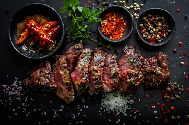 Tender Grilled Beef Steak in Top View Shot